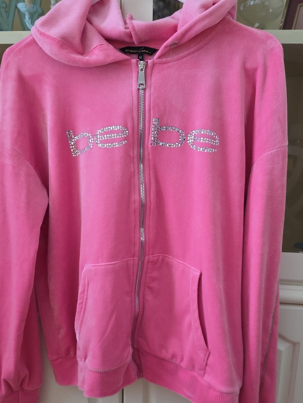 bebe Pink Velour Zip-Up Hoodie with Rhinestone Logo